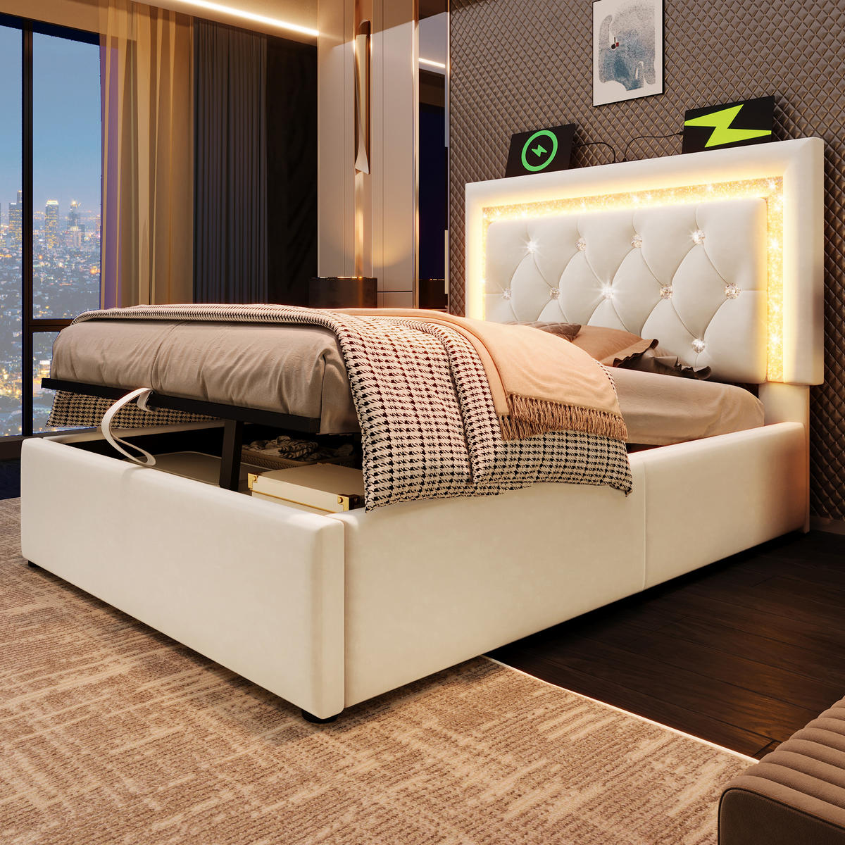 POLSTERBETT 90/200 cm Beige mit LED-Beleuchtung und Bettkasten aus Samt - Beige, Textil (90/200cm) - OKWISH