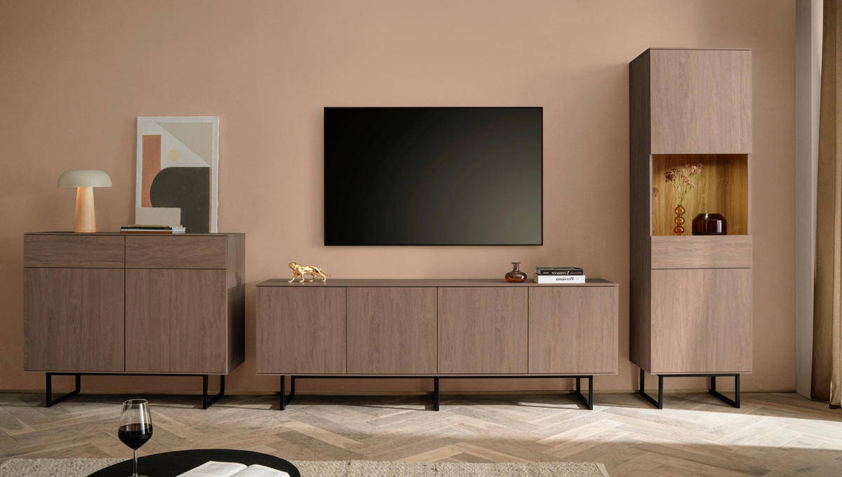 WOHNWAND in Nussbaum 3-teilig 400 cm, Komplett-Set mit Push-to-Open - Nussbaumfarben/Schwarz, Glas/Holzwerkstoff (400/200/40cm) - Furn.Design