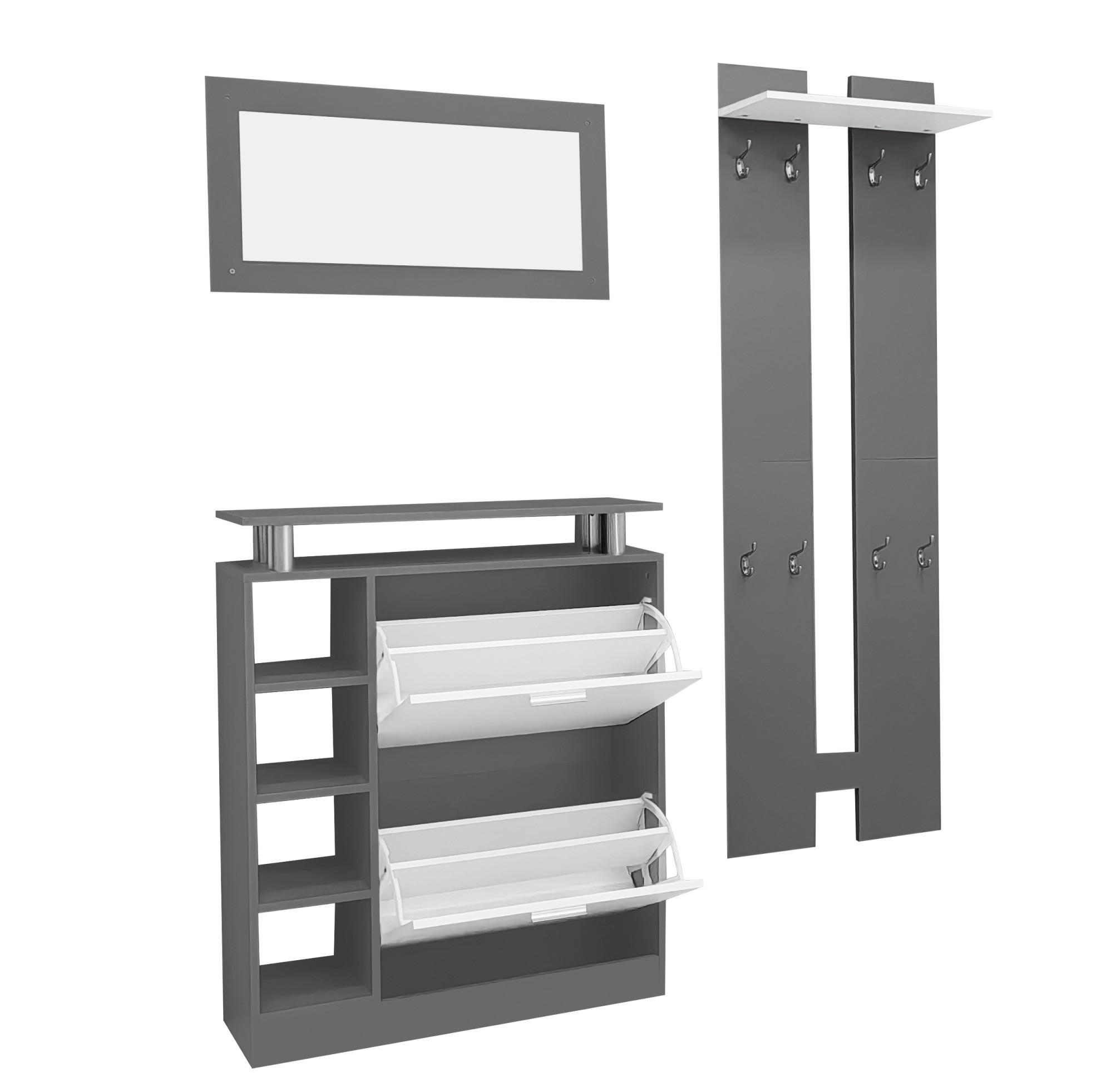 GARDEROBENSET 80/25/96,5 cm aus Spanplatte mit Spiegel und verstellbarem Schuhschrank Grau/Weiß - Weiß, Holzwerkstoff (80/96/25cm) - Modenvie