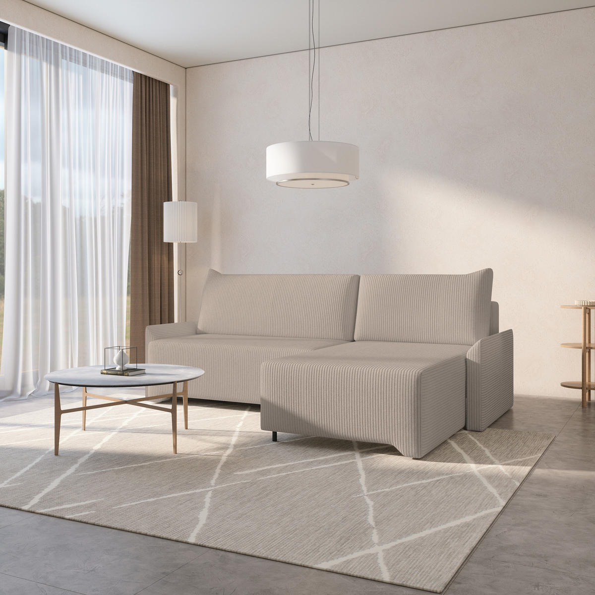 ECKSCHLAFSOFA - Rocky - Rechts, Beige (Poso 02) - Beige/Schwarz, Holzwerkstoff/Metall (245/174cm) - Möblo