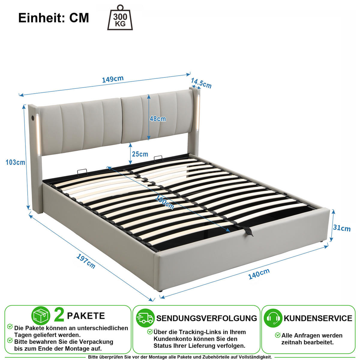 ČALOUNĚNÁ POSTEL 140/190 cm v šedé barvě s úložným prostorem, LED a USB - šedá, kov/kompozitní dřevo (140/190cm) - CHICFURN