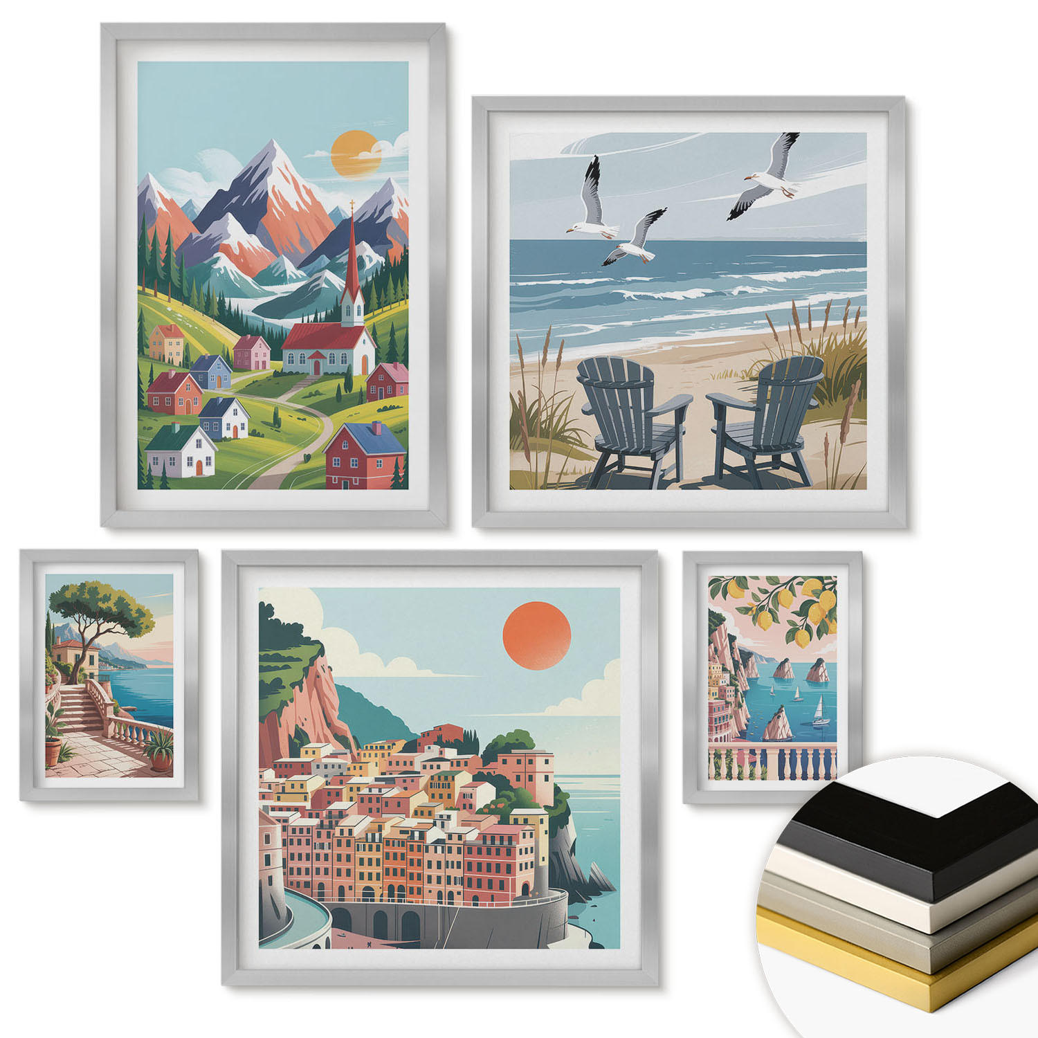 WANDBILDER 5er Set - 50x50 cm & 20x30 cm & 40x60 cm Silberner Rahmen - Pastellfarbene Küstenhäuser - Silberfarben, Kunststoff (40/60cm) - ArtPrintCave