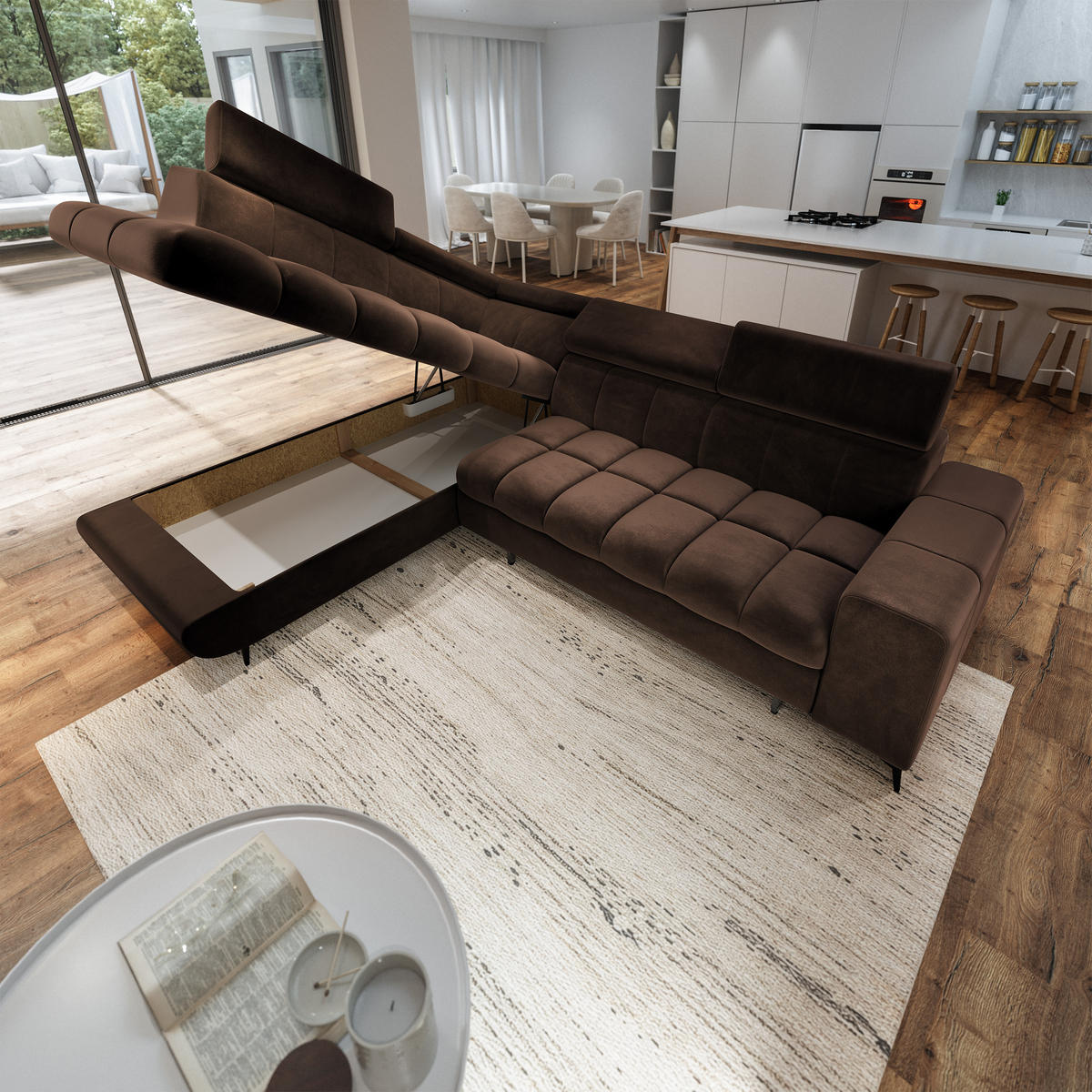 ECKSOFA MORIVA L-S Braun Velours-Stoff mit Schlaffunktion - Braun, Holz (253/190cm) - MASSENO