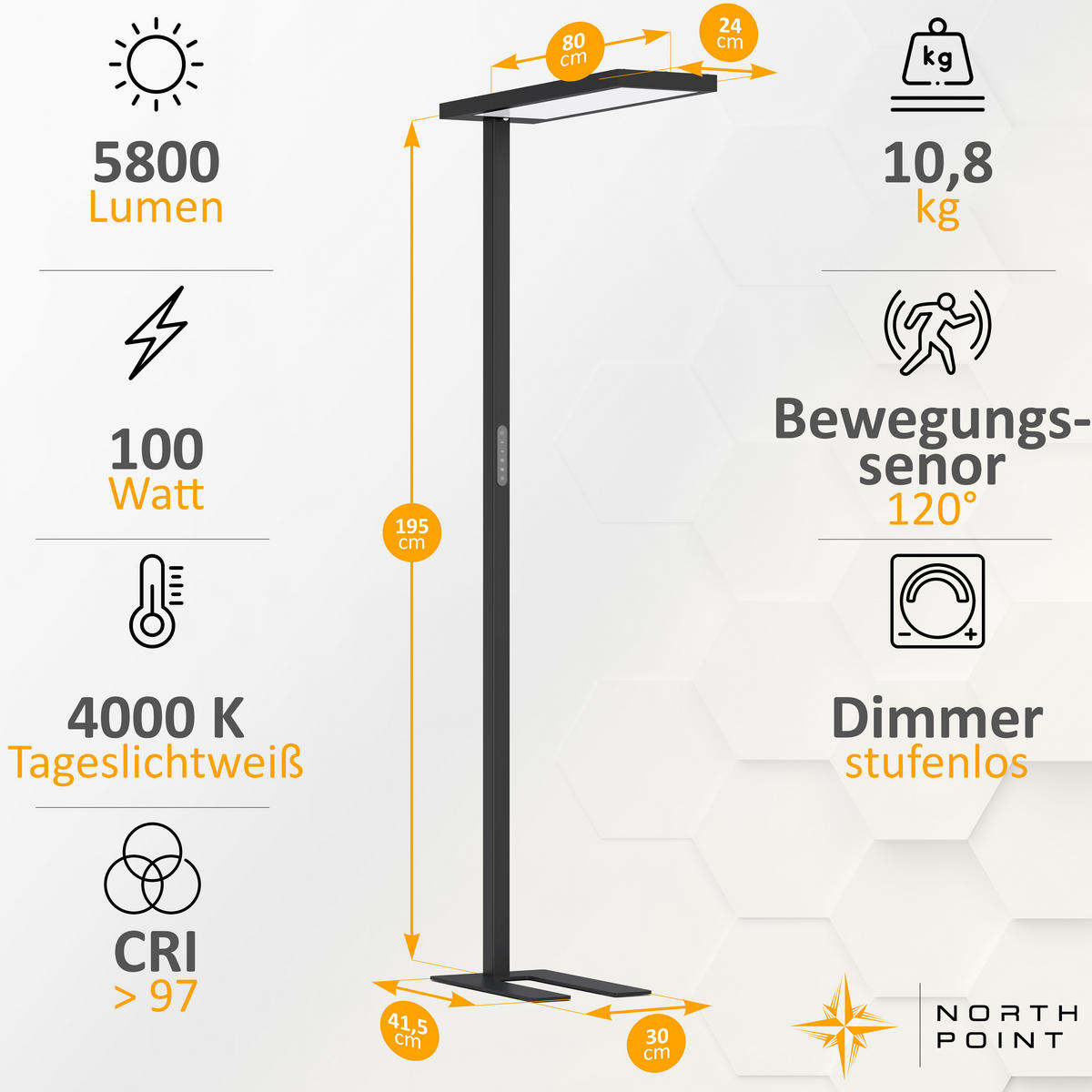 LED-STEHLEUCHTE Schwarz 195 x 80 x 24 cm Metall - Schwarz, Metall (80/30/195cm) - Northpoint