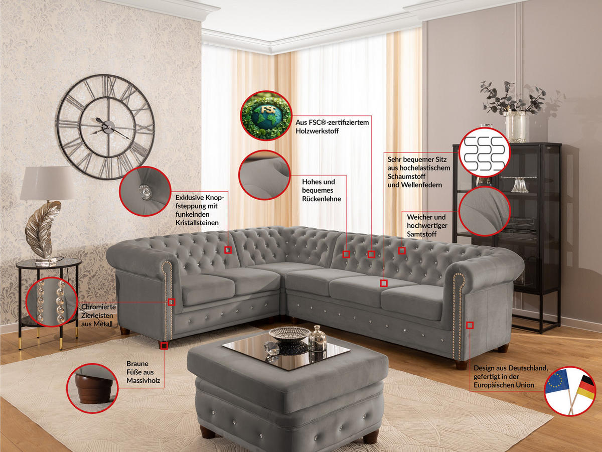ECKSOFA Chesterfield Cleo Blink Grau Samt mit Kristallsteppung und braunen Massivholzfüßen - Ottomane Links - Braun/Grau, Holz/Textil (264/210cm) - S-Style Möbel