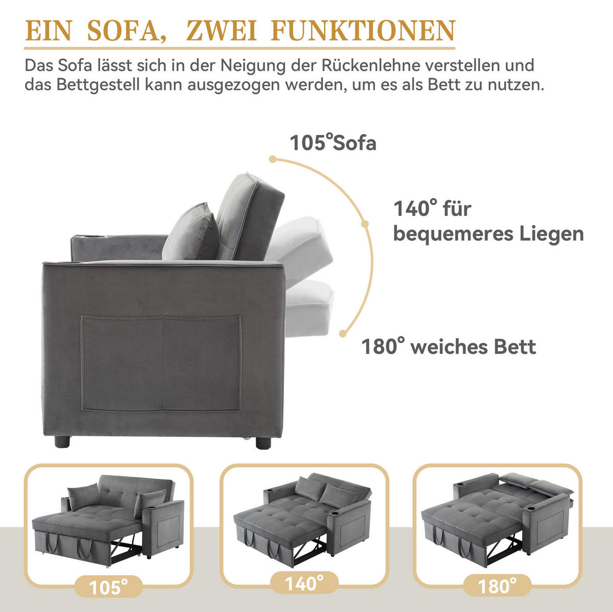 SCHLAFSOFA Samt mit Schlaffunktion und Getränkehaltern Grau 137/76,5/83 cm - Grau, Textil (83/137/76.5cm) - Redom