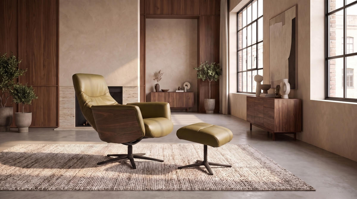 RELAXSESSEL VANITAS Grün Leder Relaxfunktion - Schwarz/Olivgrün, Leder/Metall (75/108/86cm) - KAWOLA