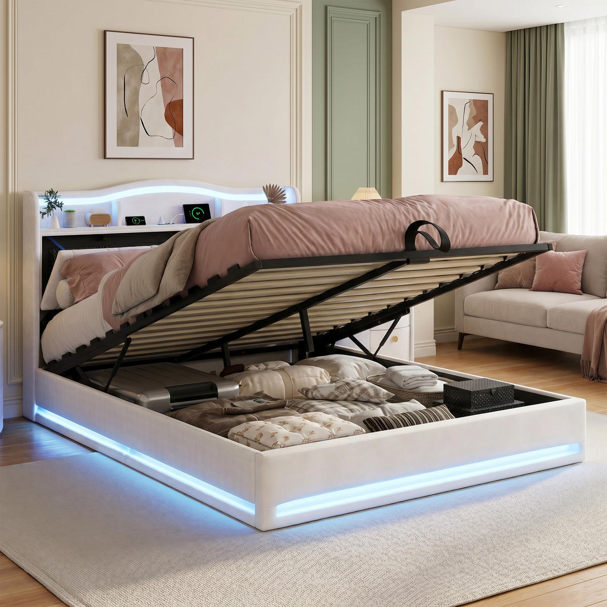 POLSTERBETT 140x200 mit stauraum, doppelbett mit LED, Bettkasten, Lattenrost, USB, Kopfteil, Samtstoff, Beige - Beige, Holz/Textil (140/200cm) - GENKI LIVING