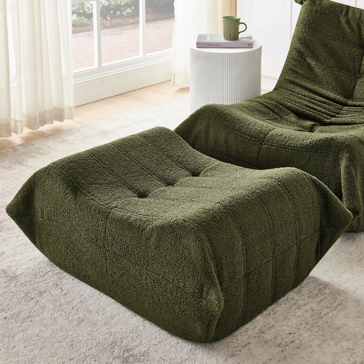 SITZSACK Teddystoff Grün mit Hocker - Grün, Textil (100/70/90cm) - WISHDOR