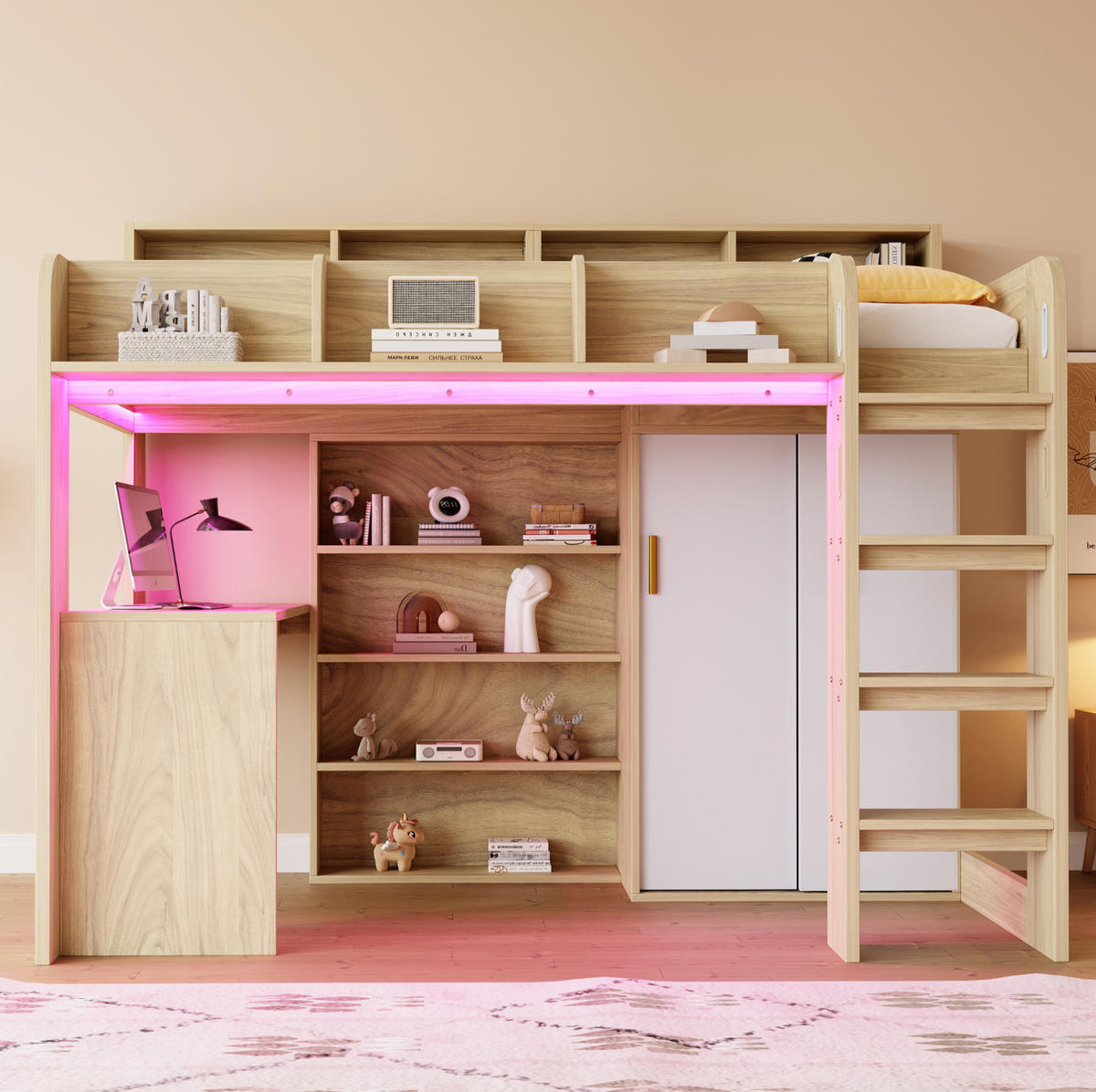 HOCHBETT 90/200 cm mit Schreibtisch, Kleiderschrank, Stauraum, LED-Beleuchtung und Steckdose, Holzfarbe - Naturfarben, Holzwerkstoff (90/200cm) - Redom