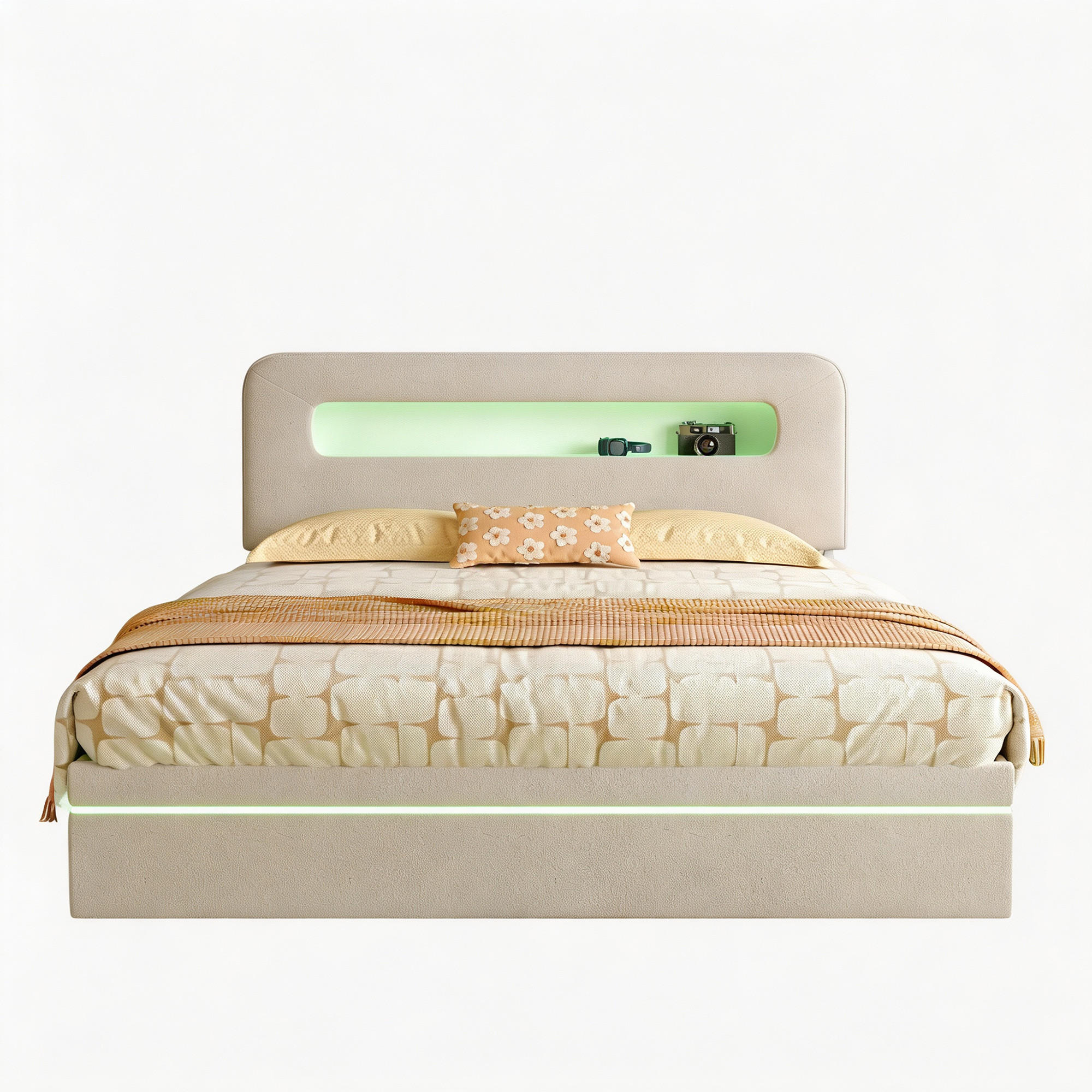 POLSTERBETT 140x200 mit bettkasten, Doppelbett mit stauraum, LED, lattenrost, samt, beige - Beige, Holz/Textil (140/200cm) - GENKI LIVING