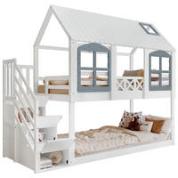 ETAGENBETT 90/200 cm mit Dach, Fenstern, Stauraumtreppe und Fallschutz, Kiefer/MDF, Weiß/Grau - Weiß, Holzwerkstoff (90/200cm) - Redom