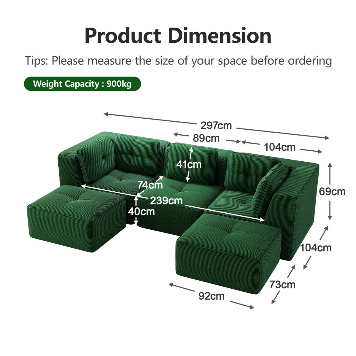 ECKSOFA 297/177/69 cm grün aus Cord mit modularem Design und tiefer Sitzfläche - Grün, Textil (177/297cm) - OKWISH