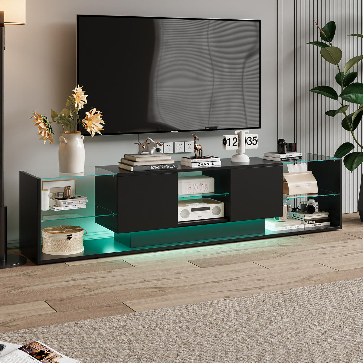 TV LOWBOARD 200x35x45 cm LED Glasablage 2 Schubladen schwarz - Schwarz, Holz (200/45/35cm) - LEBENLANG