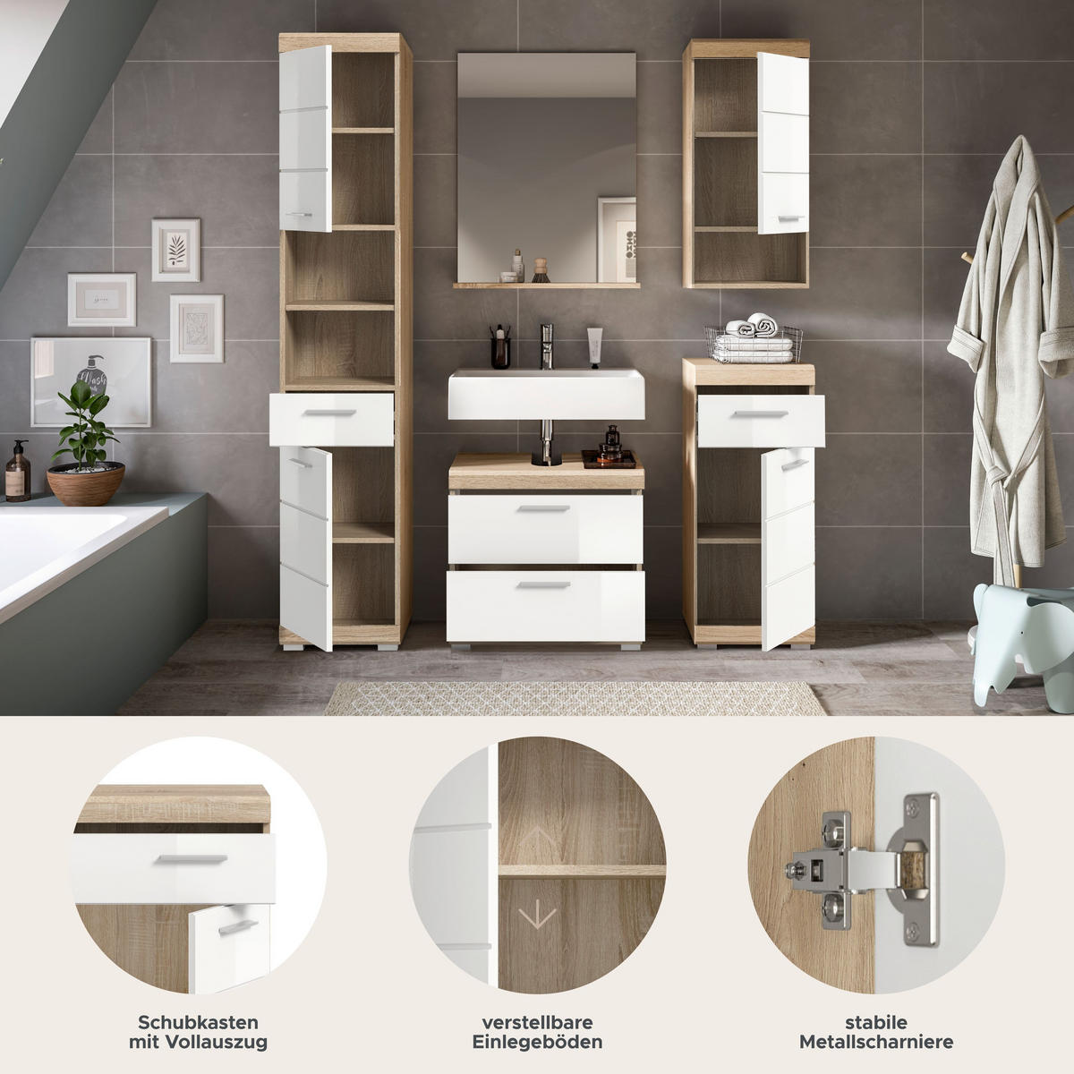 BADKOMBINATION 5tlg. Lambada Bad in Sonoma Eiche hell und weiß hochglanz B/H/T: 164x191x34 cm - Sonoma Eiche, Holz (164/191/37cm)