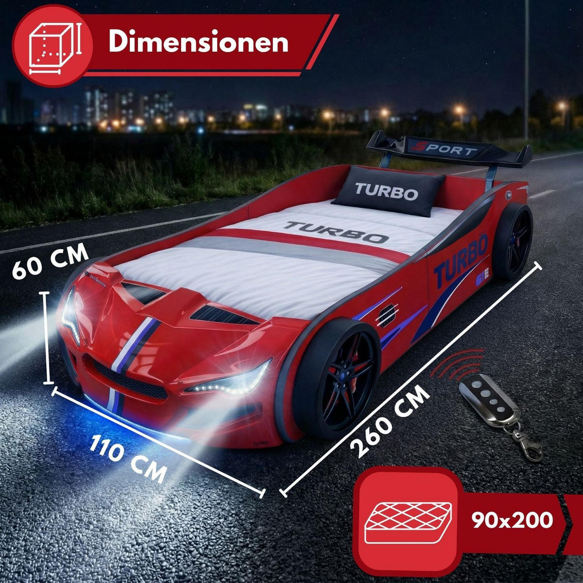 AUTOBETT GTE mit Rollrost, Licht und Sound Farbe Rot - Rot, Holzwerkstoff (90/200cm) - Coemo