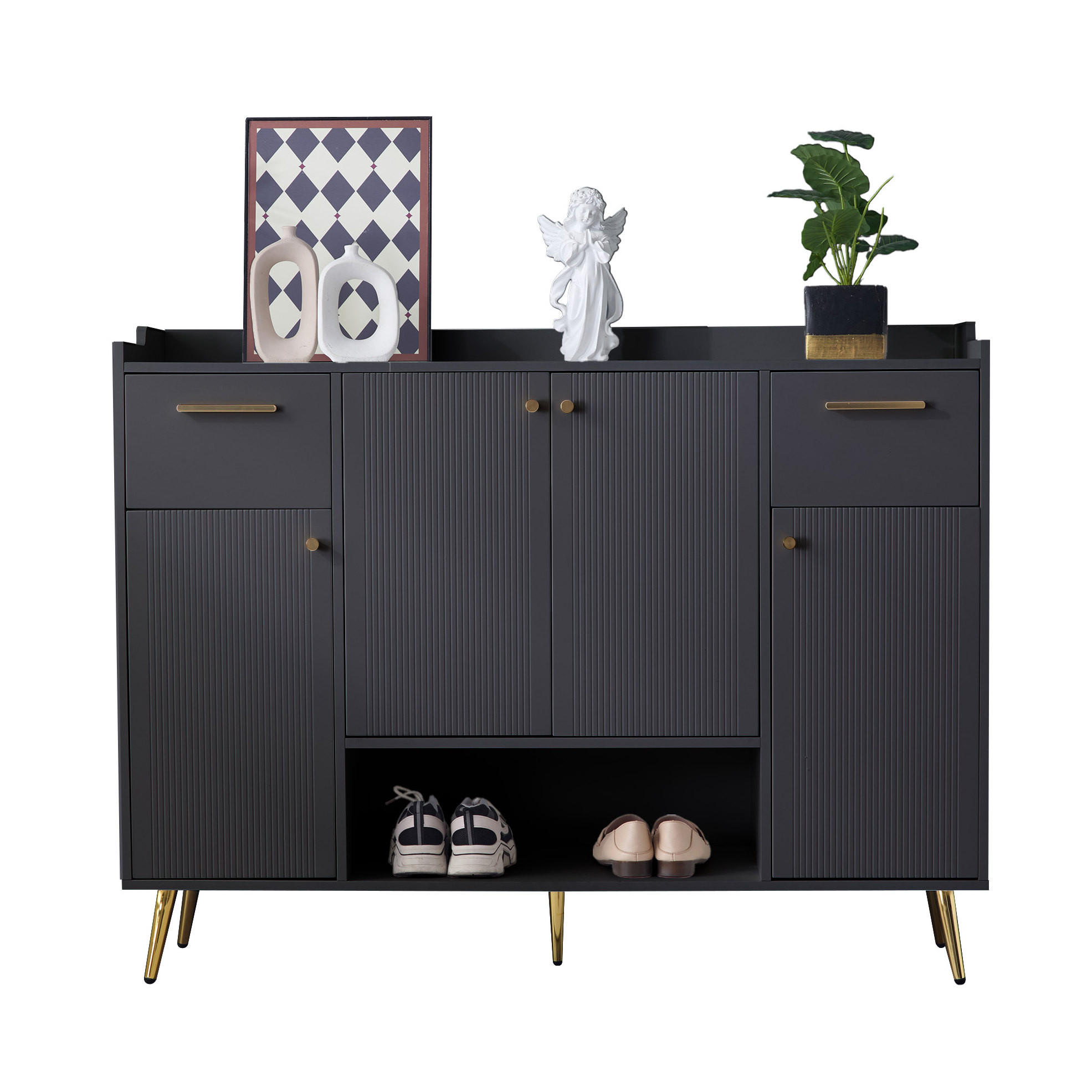 SCHUHSCHRANK 130/37/100 cm schwarz aus Spanplatte mit 2 Schubladen und 4 Türen - Schwarz, Holzwerkstoff (130/100/37cm) - OKWISH