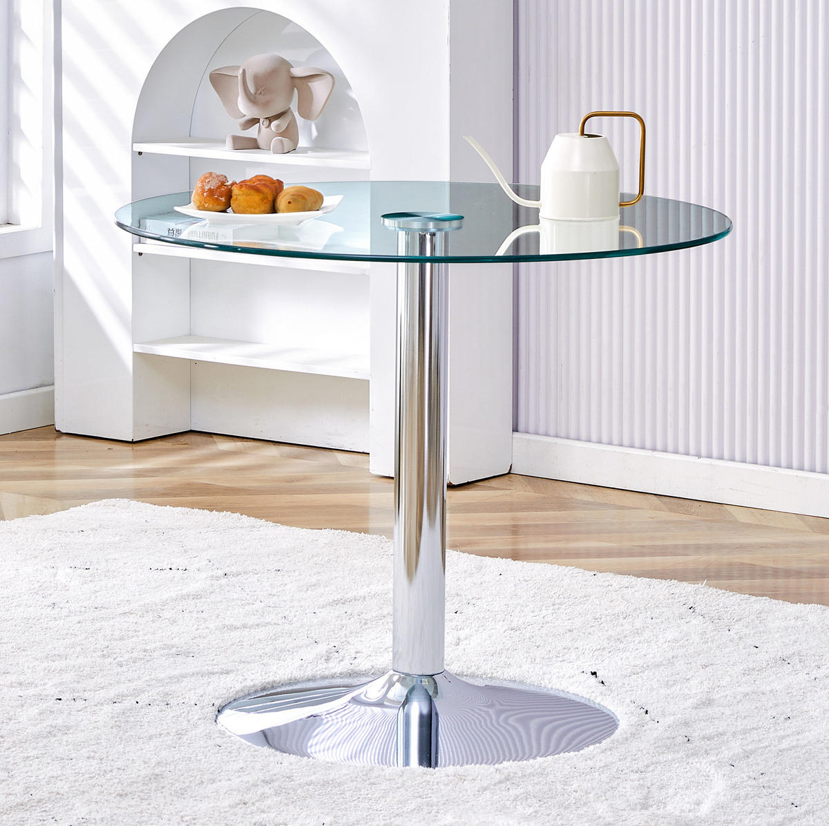 RUNDER Bartisch 85/85/76 cm mit Glasplatte und Metallgestell in Silber - Silberfarben, Glas (85/85/76cm) - BEAOK