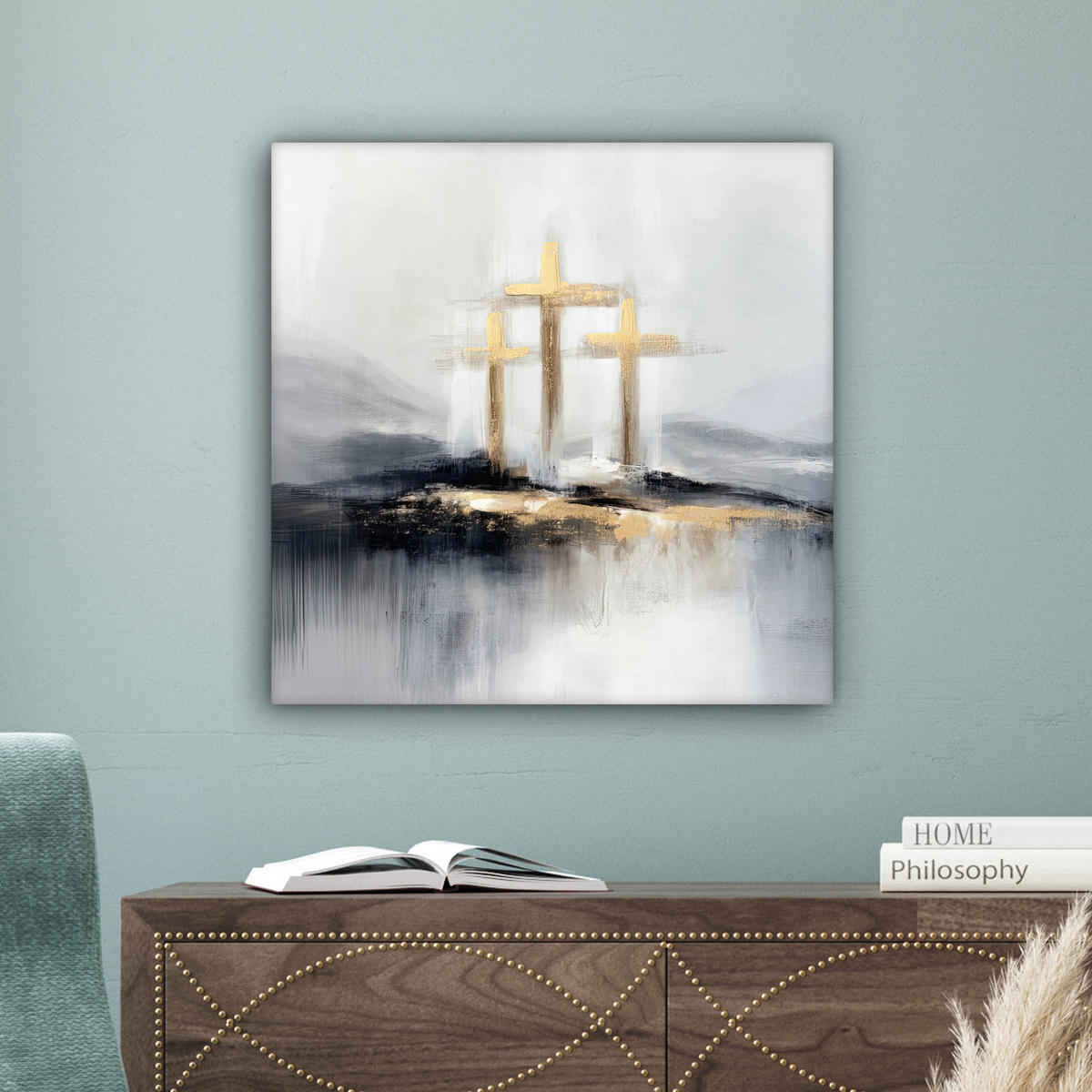 LEINWANDBILD Abstrakt - Malerei - Christentum - Kreuz Wandbild Wohnzimmer 50x50 cm - Weiß, Textil (50/50cm) - MuchoWow