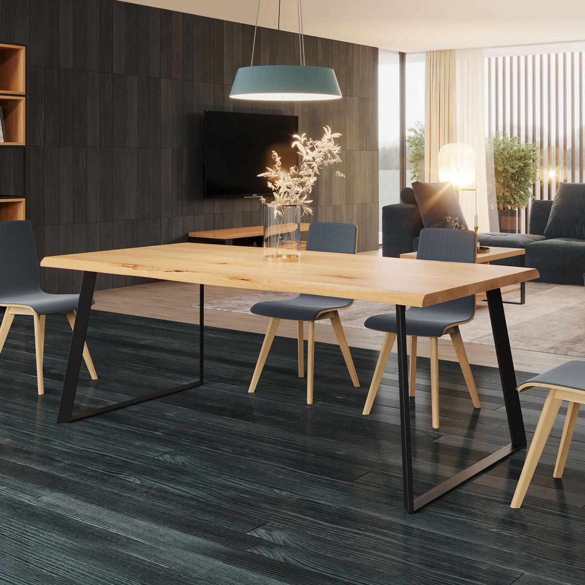 ESSTISCH Delta aus massivem Eichenholz 220x100 cm - Eichefarben/Schwarz, Holz/Metall (220/100/75cm) - Danzz