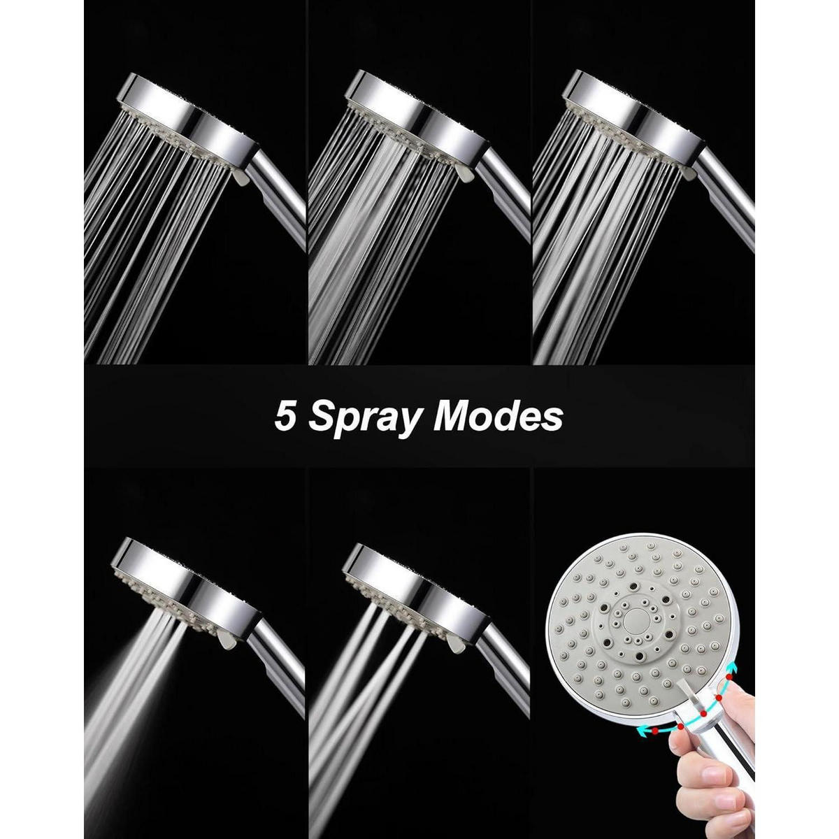 HANDBRAUSE Set mit 2M Schlauch, 5 Strahlarten, Hochdruck, Wassersparend, Grau - Grau, Kunststoff (8/12.7/20cm)