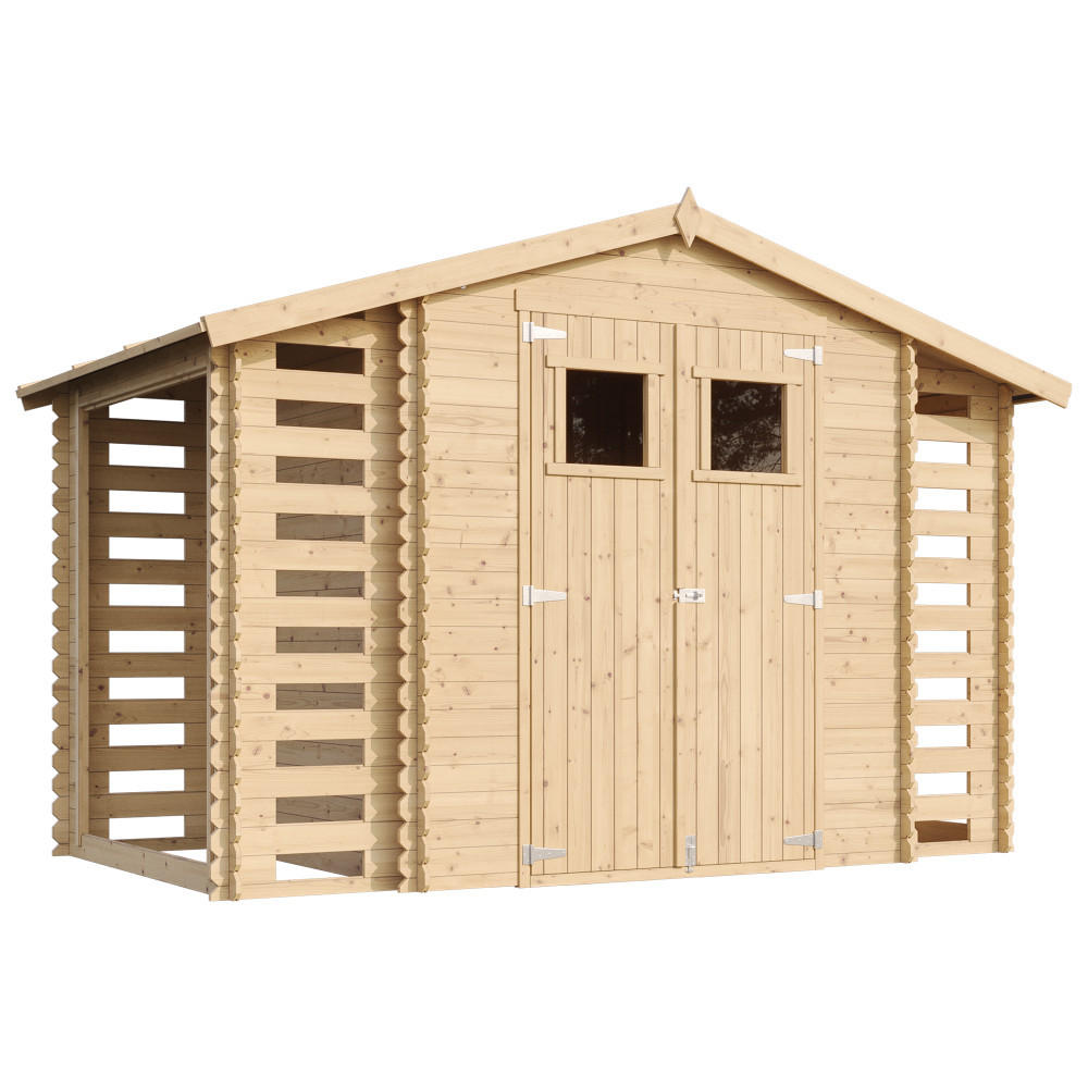 HOLZHAUS GARTENHAUS mit Brennholzschuppen M391+M391G - mit imprägniertem Boden - 3,53 + 0,97 + 0,97 m2 - Beige, Holz (328/218/206cm) - Timbela