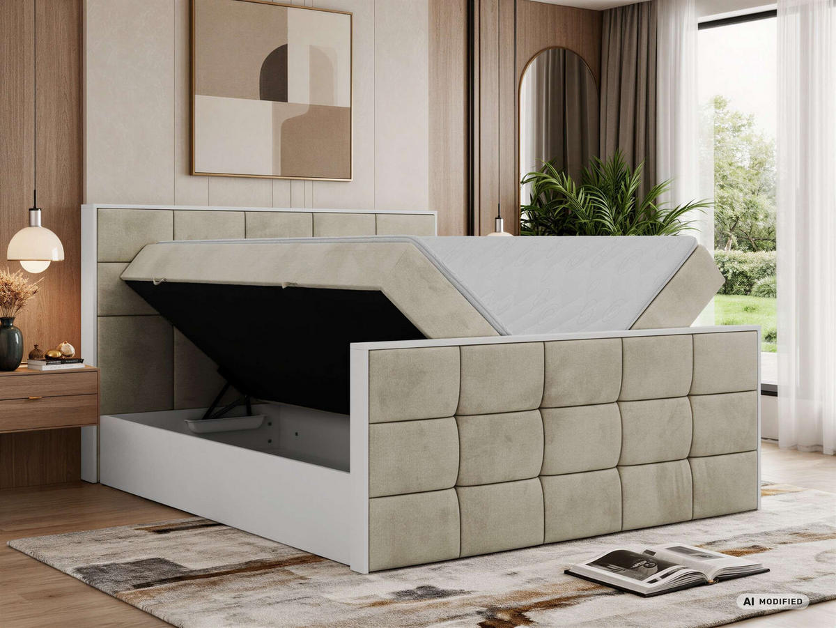 BOXBETT ALVIT DUO 160/200 - Beige Velvet - Topper Visco - H4 - Beige/Schwarz, Kunststoff/Textil (160/200cm) - MKS