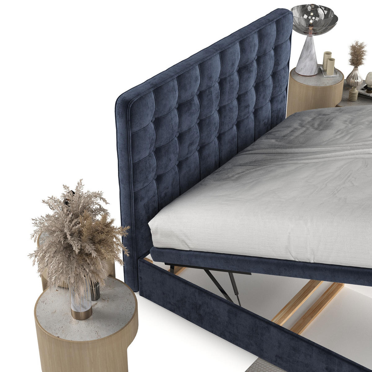 POLSTERBETT Celestia mit Stauraum 140/200 cm Marineblau im Lotta Stoff - Schwarz/Dunkelblau, Holz/Holzwerkstoff (140/200cm) - AltaBeds