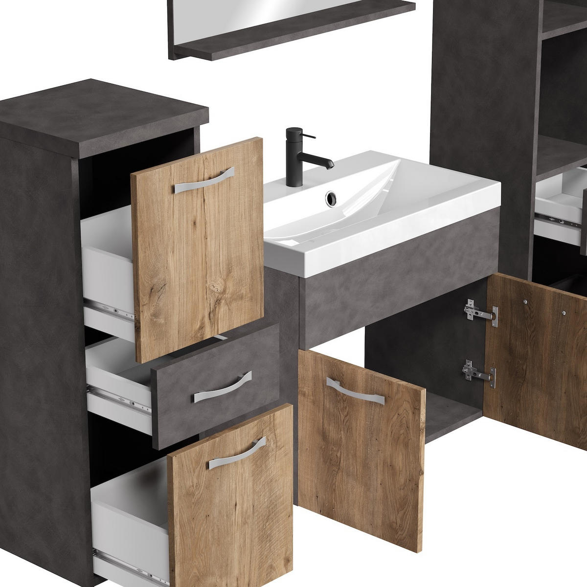 BADMÖBEL-SET Alba 5 Teile Kastanien Eiche / Grau - 60 x 35 x 51 cm - Eichefarben/Schwarz, Holz (60/51/35cm) - Badplaats