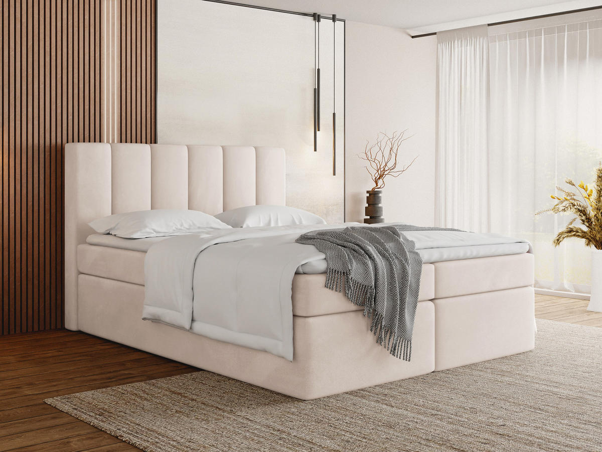 BOXBETT Amira mit Bettkasten, Beige Samt 200x200 cm - inkl. H4 Matratze und H2 Visco Topper - Beige, Holzwerkstoff/Kunststoff (200/200cm) - WFL GROUP