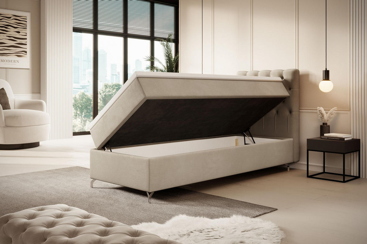BOXBETT CHESTER mit Matratze H3, Bonell und Topper 80x200 Monolith 02 Rechts - Beige, Textil (80/200cm) - Bedante