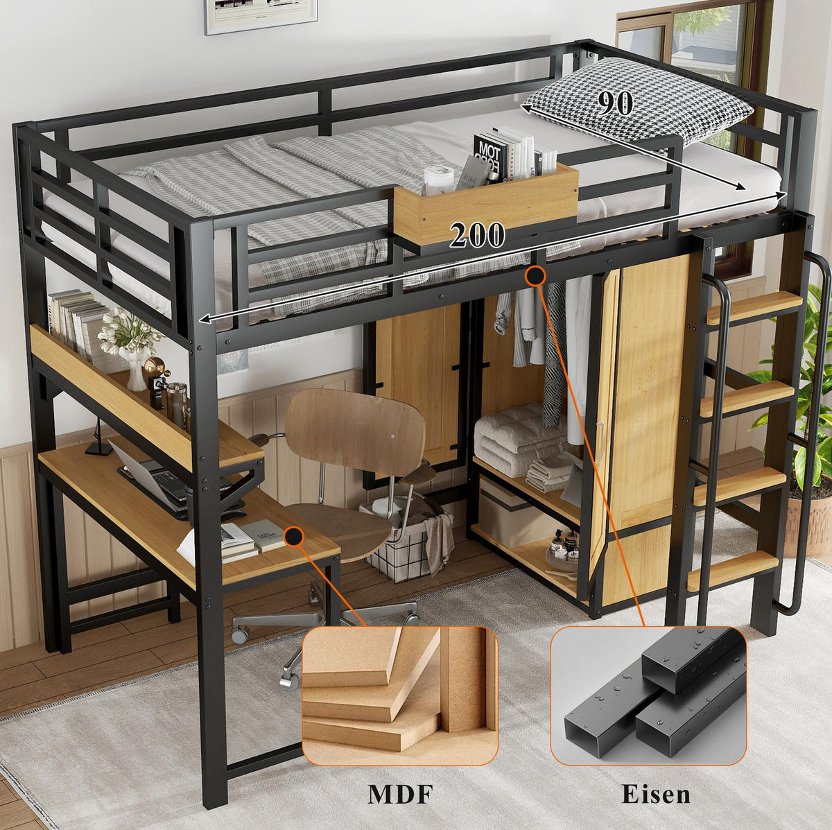HOCHBETT 90/200 cm mit Kleiderschrank, Schreibtisch, Regal und Treppe mit Handläufen, Schwarz/Natur - Schwarz, Metall (90/200cm) - Redom