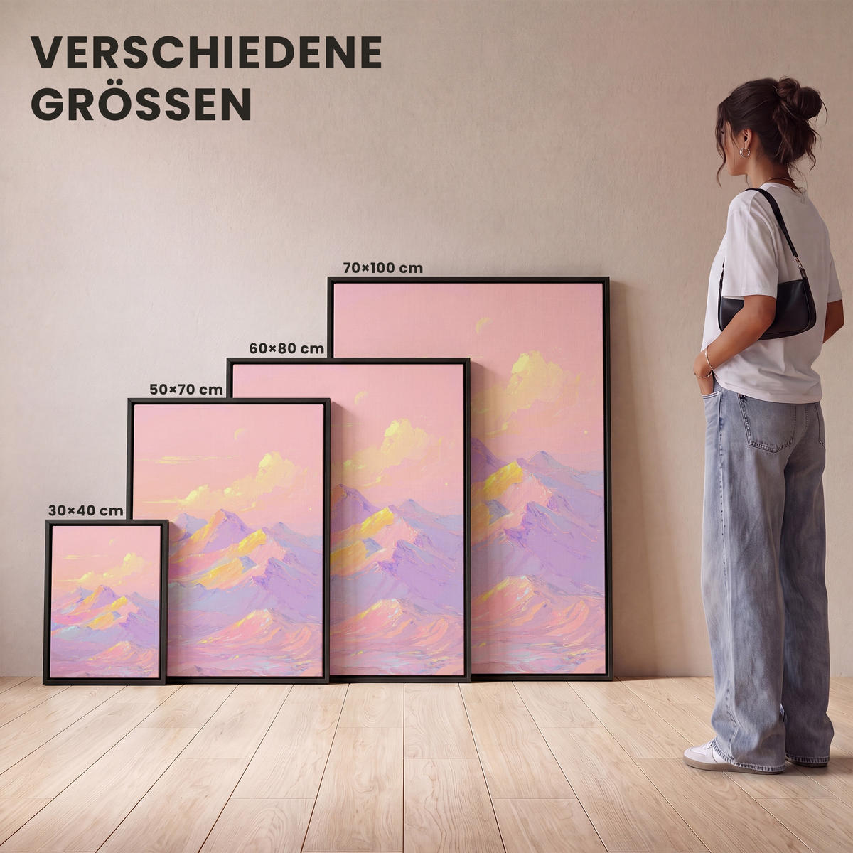 LEINWAND Bilder mit Rahmen - Berggipfel - Wolken - Verträumt - 60x80 - Hellrosa, Textil (60/80cm) - MuchoWow