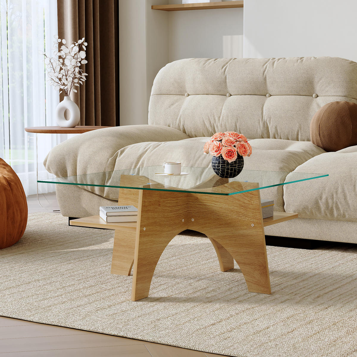 COUCHTISCH in Naturfarbe Moderner quadratischer Beistelltisch mit Holzoptik für Esszimmer und Wohnzimmer, B80/T80/H40 cm - Transparent/Naturfarben, Glas/Holzwerkstoff (80/80/40cm) - STILVORA