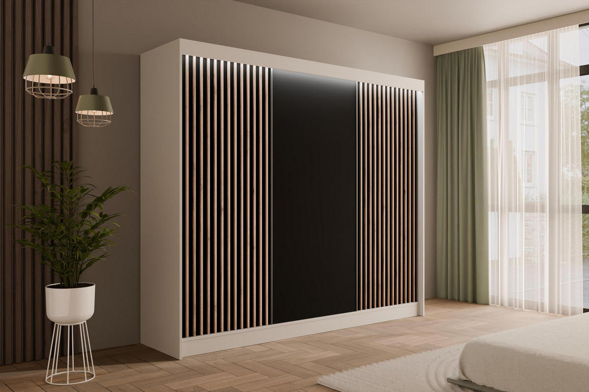 KLEIDERSCHRANK mit LED, Lamel-Schiebetüren VILANv2 - 250 cm Weiß + Lamelle Eiche Wotan - Eiche Wotan/Weiß, Holzwerkstoff (250/215/61cm) - ALTDECOR
