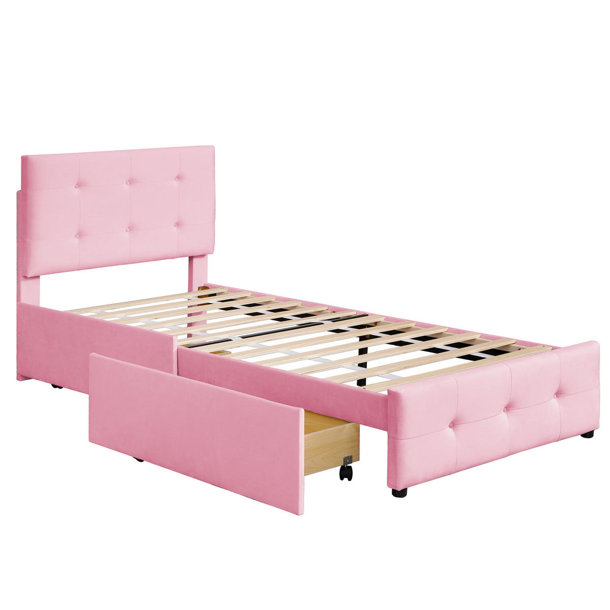 KINDERBETT 90/200 cm in Rosa aus Samt mit Schublade und Lattenrost - Rosa, Textil (90/200cm) - Flora Grace