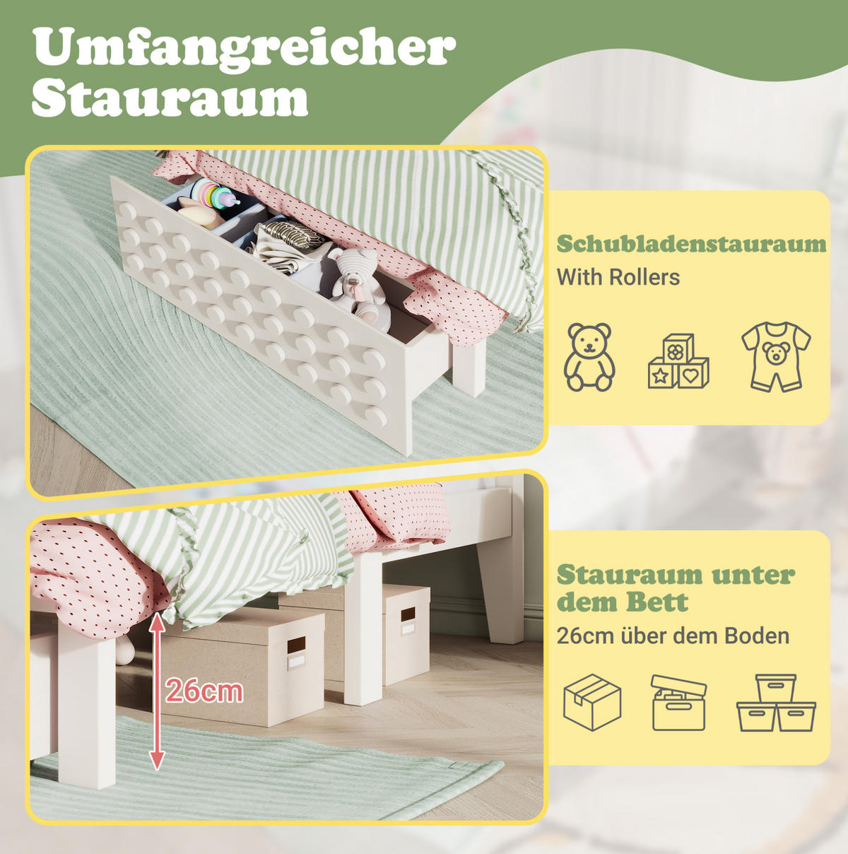 KINDERBETT 90/200 cm in Weiß mit Schublade und Stauraum aus MDF & Massivholz - Weiß, Holz (90/200cm) - BEAOK