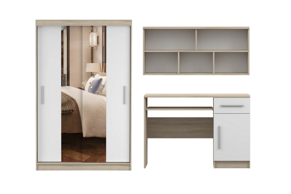 JUGENDZIMMER-SET TILL 01 3-teilig in Eiche Sonoma / Weiß matt - Eichefarben/Weiß, Holzwerkstoff (330/200/61cm) - Deine Möbel 24