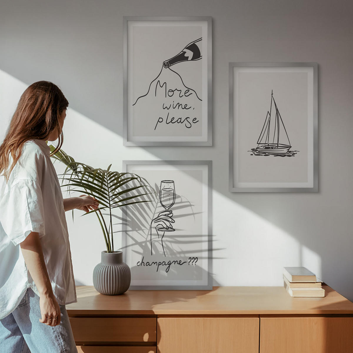 WANDBILDER 3er Set - 40x60 cm Silberner Rahmen - Weinsegelboot-Glas-Linienzeichnung - Silberfarben, Kunststoff (40/60cm) - ArtPrintCave