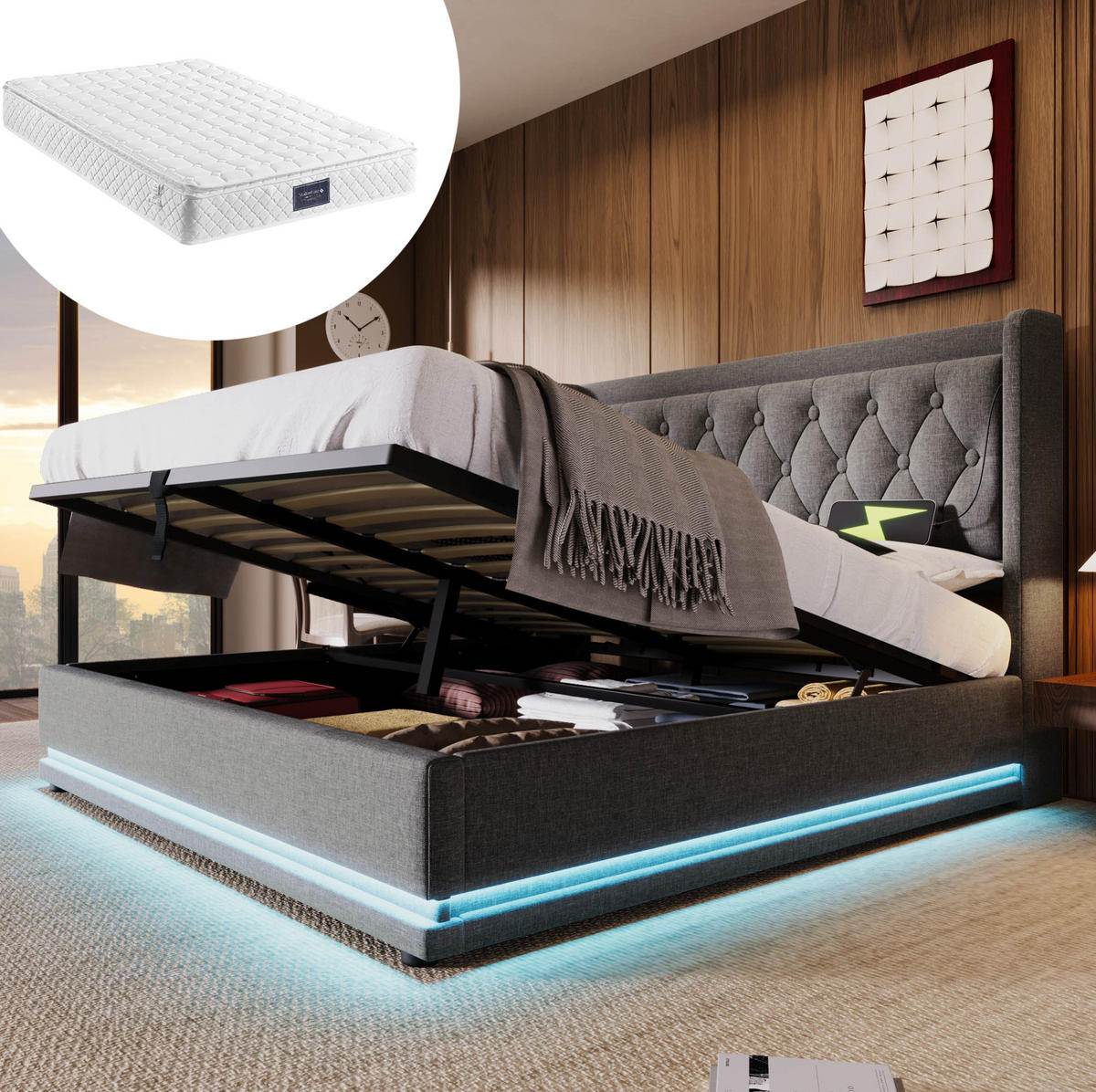 TAPECIRANI krevet od pamuka 160x200 cm sivi s LED rasvjetom, USB-C priključkom i hidrauličkim spremištem - siva, tekstil (160/200cm) - Modfu