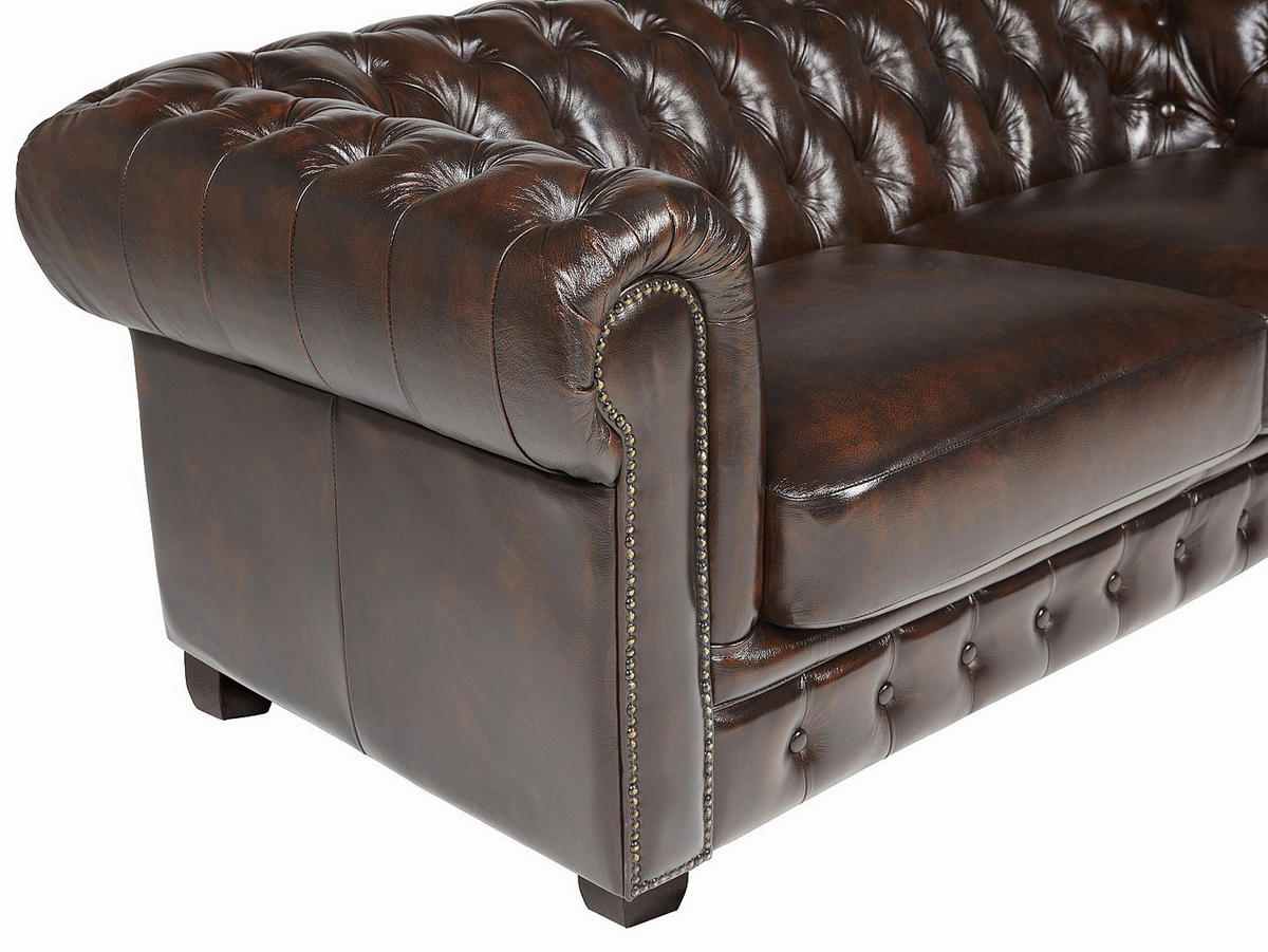 CHESTERFIELD Ledersofa 3-Sitzer - 100% Büffelleder - Braun - BRENTON - Dunkelbraun, Leder (201/73/96cm) - Vente-Unique