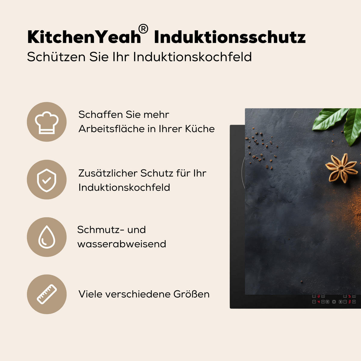 HERDABDECKPLATTE Zimt - Beton - Kaffee - Zimtstangen - Gewürze 70x52 cm - Mokka, Kunststoff (70/0.2/52cm) - MuchoWow