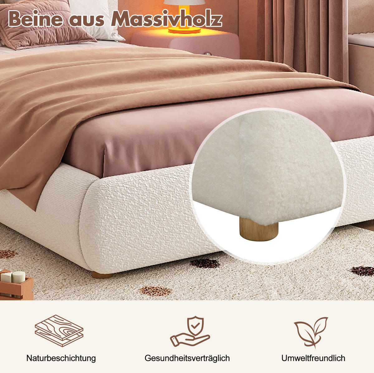 POLSTERBETT 90/200 cm mit hydraulischem Stauraum, LED-Beleuchtung und Bouclé-Bezug, Weiß - Weiß, Textil (90/200cm) - Redom