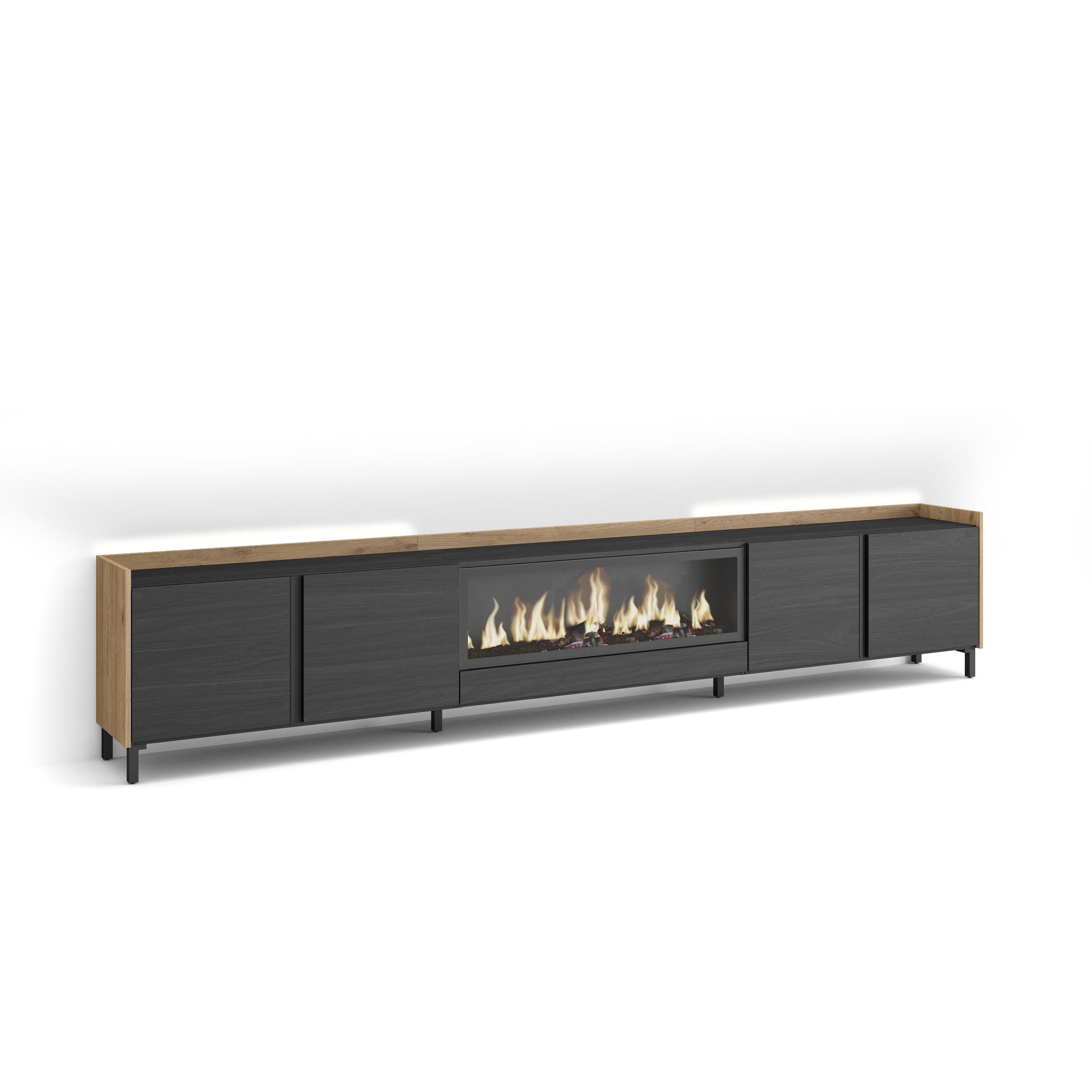 LOWBOARD, Schwarz und Eiche, 315/35/61cm, Kamin mit Feuereffekt XXL - Schwarz, Holzwerkstoff (315/61/35cm) - Skraut Home