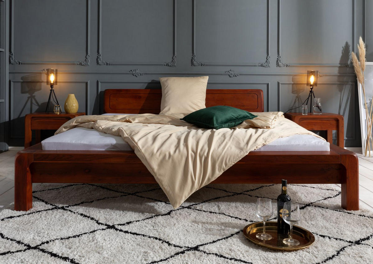 BETT Massivholz Akazie 160 x 200 x 80 hellbraun BUENO #022 - Braun, Holz (160/200cm) - Massivmoebel24