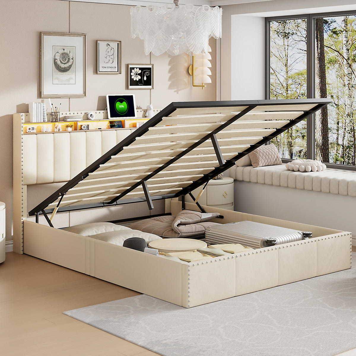 POLSTERBETT 140x200 cm, Beige, Boxspringbett mit Stauraum, 2 USB, LED - Beige, Textil/Metall (140/200cm)