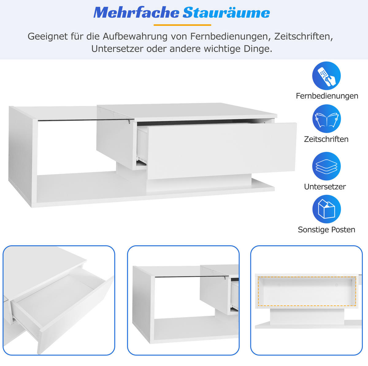 COUCHTISCH aus Spanplatte 100x50x32 cm Weiß mit Glasplatte, Schublade und LED-Beleuchtung - Weiß, Holzwerkstoff (100/50/32cm) - IVMEU