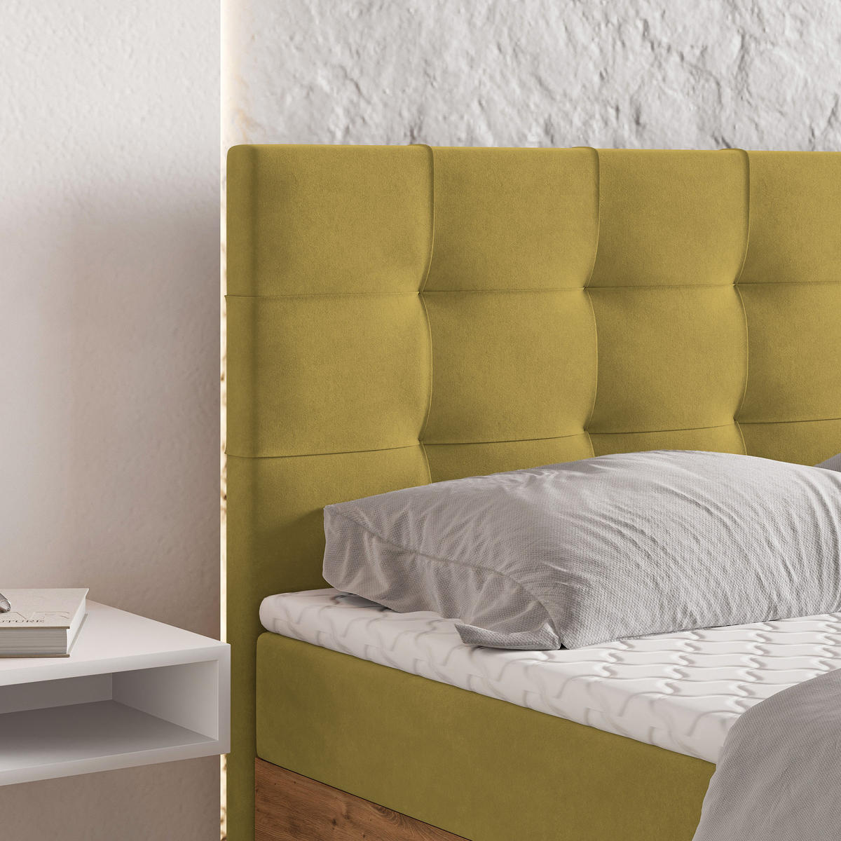 BOXBETT MOLVEN 160x200 cm mit Matratze und Topper - Gelb - Gelb, Holz (160/200cm) - MASSENO