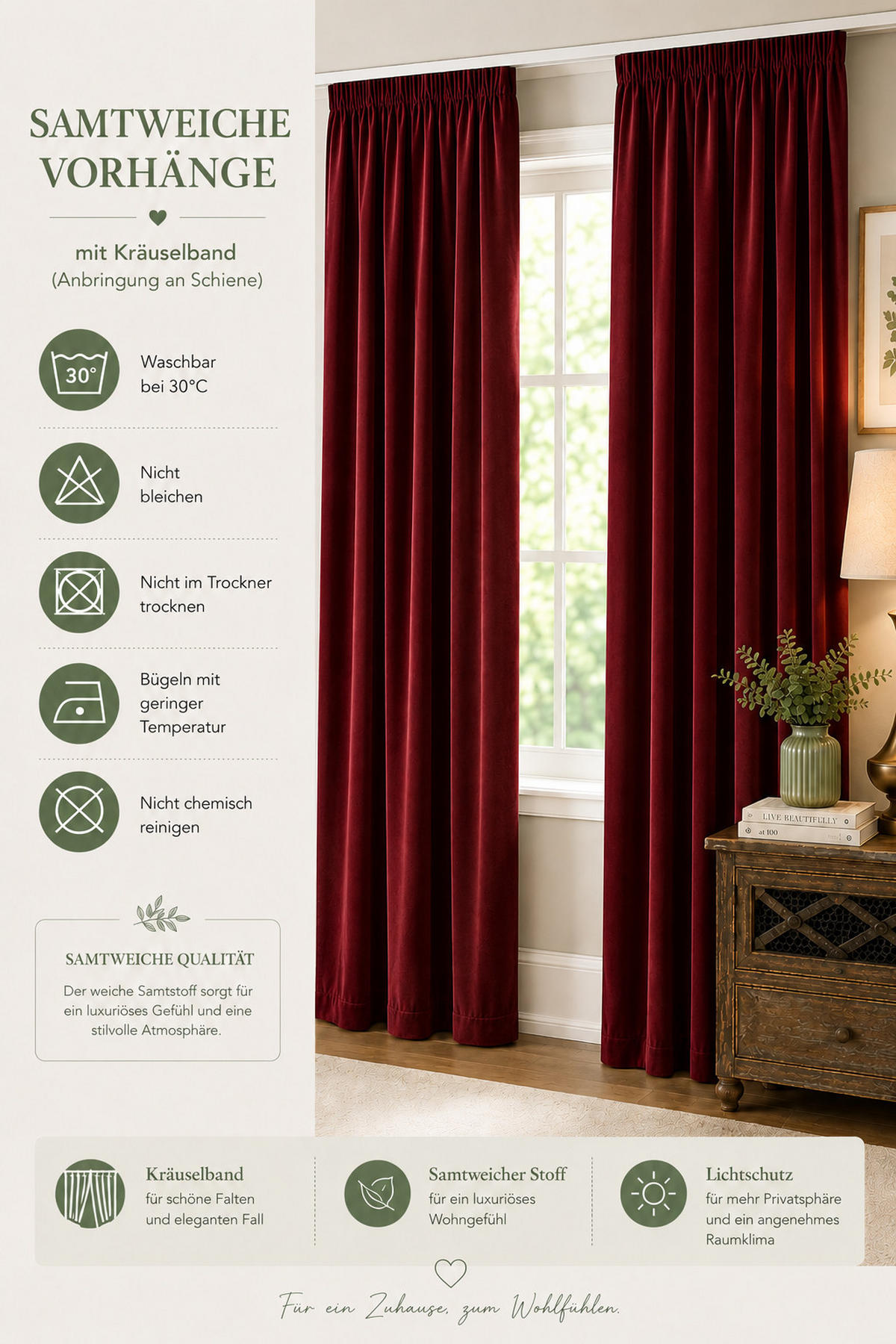 VORHANG Kräuselband Samt 140/245 cm Bordeaux - Bordeaux, Textil (140/245/245cm) - TiborTex