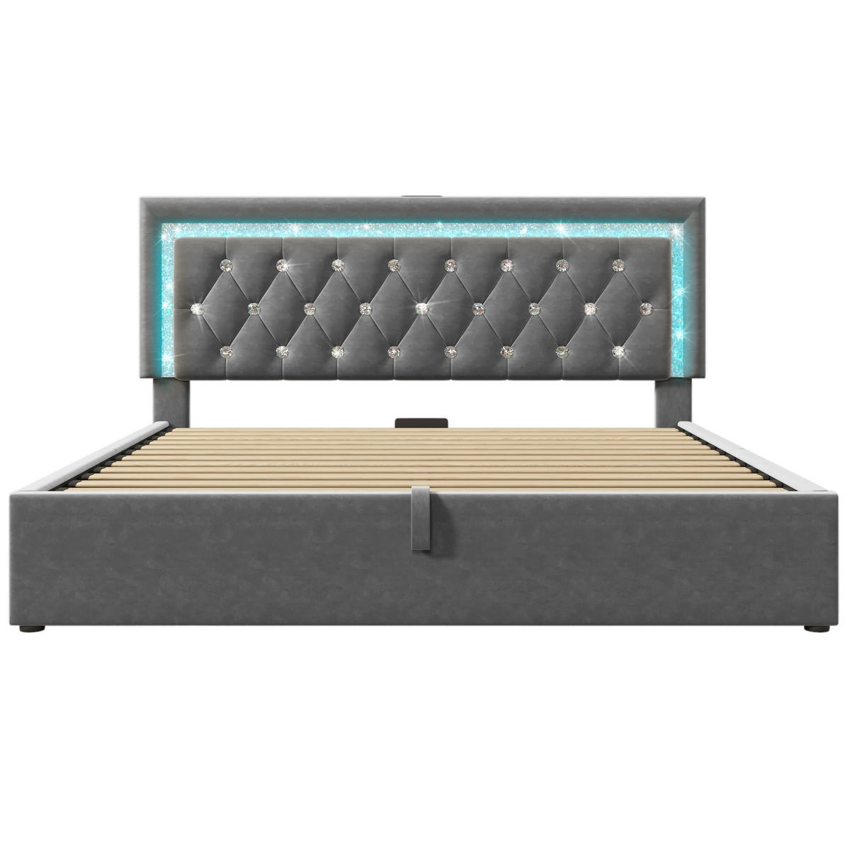 POLSTERBETT 160/200 cm Grau mit LED-Diamantband USB-Anschluss und hydraulischem Bettkasten - Grau, Textil (160/200cm) - OKWISH